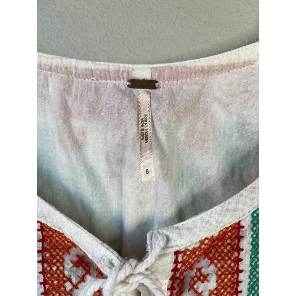 Free People Mini Dress White Embroidered Linen Blend Lace Up Sleeveless 8